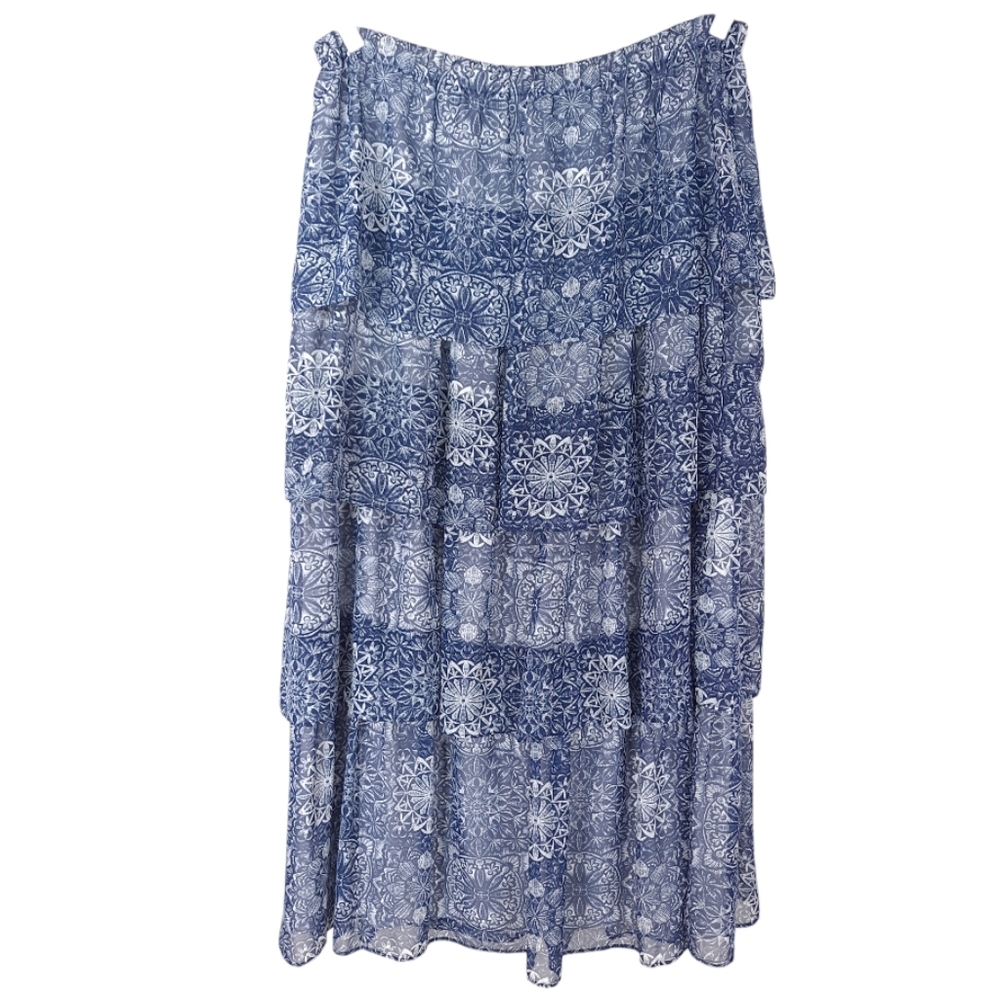 Tommy Hilfiger Womens Tiered Maxi Skirt Navy Blue Geometric Lined Stretch Medium